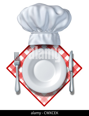 Élément de design Restaurant avec une assiette et chef hat et la fourche à l'aide d'un couteau sur une zone vide pour votre texte et sur un fond blanc Banque D'Images