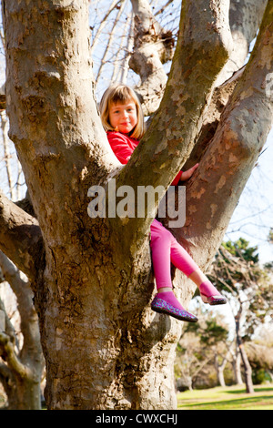 Une petite fille assise dans un arbre. Banque D'Images