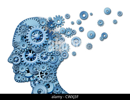 Perte du cerveau et la perte de mémoire et d'intelligence due à un traumatisme neurologique et les blessures à la tête ou la maladie d'Alzheimer causée par le vieillissement avec des engrenages et pignons en forme de visage humain montrant perte cognitive et la pensée. Banque D'Images