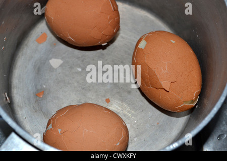 Trois oeufs durs dans une casserole avec des coquilles fêlées Banque D'Images