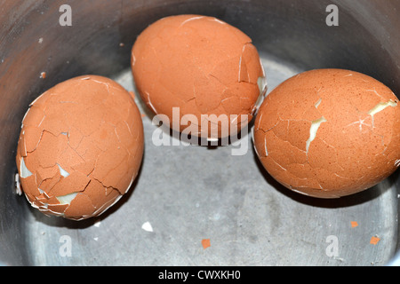 Trois oeufs durs dans une casserole avec des coquilles fêlées Banque D'Images