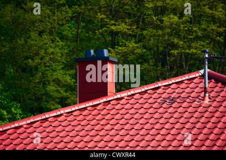 Vue d'un toit de tuiles avec cheminée de maison, soleil du matin, la sarre / Allemagne Banque D'Images