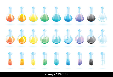 Verre de laboratoire chimique avec substances multicolores. Banque D'Images