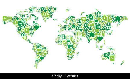 Carte du monde concept. 100 icons set dans le vert. Banque D'Images