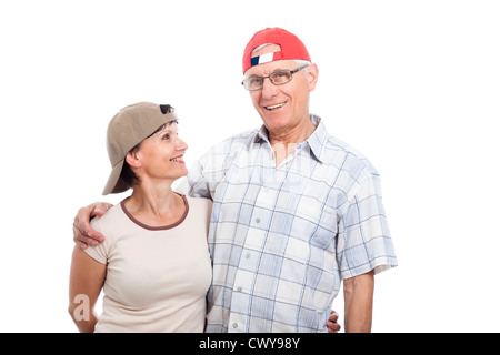 Happy senior homme et femme d'âge moyen, isolé sur fond blanc. Banque D'Images