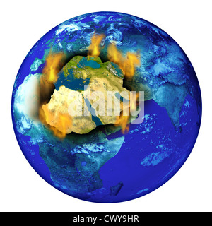 Conflit au Moyen-Orient avec la planète terre brûler avec des flammes comme un concept de crise crise politique dans des pays comme la Syrie ISR Banque D'Images