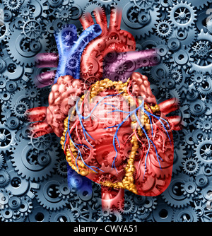 Coeur de l'homme soins médicaux santé symbole avec les pignons et engrenages connectés ensemble pour pomper le sang qui représente la fonction d'un organe sain et l'anatomie. Banque D'Images