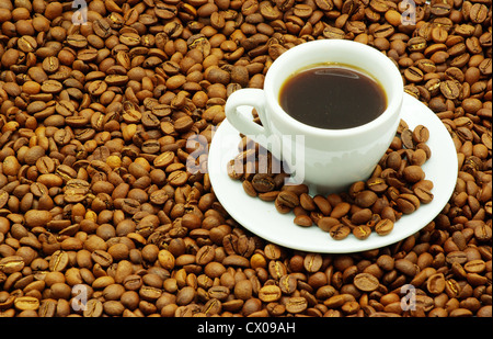 Tasse de café blanc avec un grain de café sur l'établissement des coûts Banque D'Images