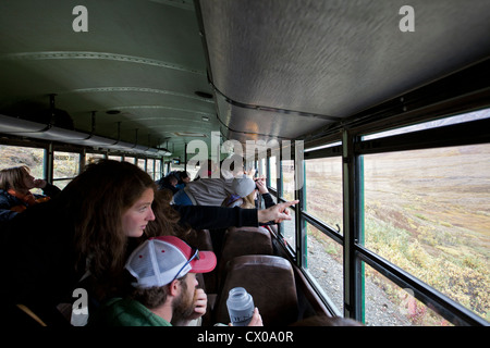 Les touristes de la faune Observation de la Park service bus. Denali National Park. De l'Alaska. USA Banque D'Images