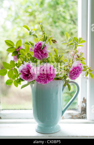 Jardin de roses roses dans un pot bleu / vase de l'appui de fenêtre d'un chalet rustique Banque D'Images