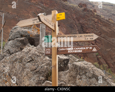 Barranco de Guayadeque à Gran Canaria, balise dans le Montana las Tierras guider les touristes et randonneurs de directions différentes Banque D'Images