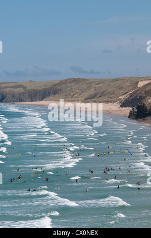 Voir l'ensemble du nord plage de Perran, Broad Oak. Cornwall, Angleterre, Royaume-Uni. Juillet. Banque D'Images