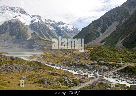 L'eau glaciaire provenant des glaciers Mueller Hooker et joindre leurs forces près de Mount Cook village Banque D'Images