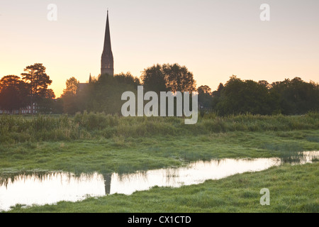 L'ensemble de l'ouest à l'eau 68 London meadows vers la cathédrale de Salisbury, à l'aube. Banque D'Images