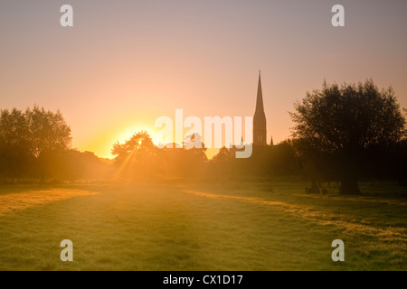 L'ensemble de l'ouest à l'eau 68 London meadows vers la cathédrale de Salisbury, à l'aube. Banque D'Images