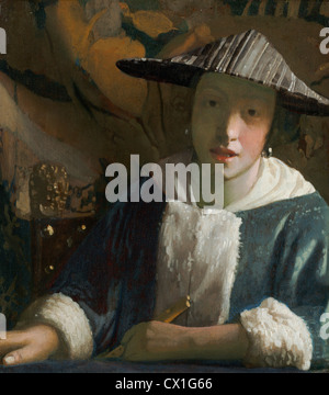 Attribué à Johannes Vermeer (Néerlandais, 1632 - 1675 ), fille avec une flûte, probablement 1665/1670, huile sur panneau Banque D'Images