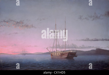 Fitz Henry Lane, sciage goélettes au soir sur la baie de Penobscot, américain, 1804 - 1865, 1863, huile sur toile Banque D'Images