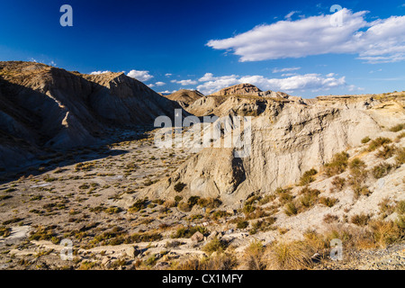 Un ruisseau à sec dans le désert de Tabernas badlands. Almeria, Andalousie, Espagne Banque D'Images