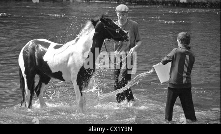 Deux jeunes hommes se laver un cheval dans la rivière à un gitan foire aux chevaux à Appleby, Westmorland, North West England Banque D'Images