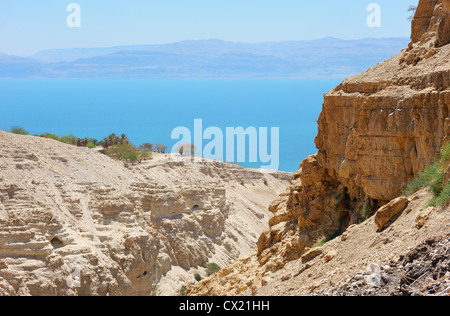 Vue sur la mer Morte depuis les pentes de la montagnes de Judée dans le domaine de la réserve d'Ein Gedi Banque D'Images