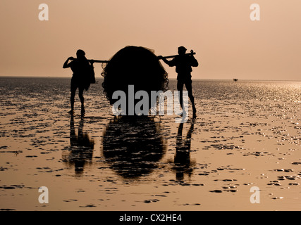 Les pêcheurs reviennent le matin de la mer avec leurs filets de pêche à la plage d'Orissa, en Inde. Banque D'Images