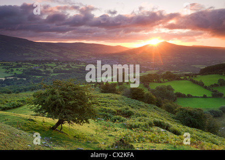 Le lever du soleil sur le Pain de Sucre et ville de Crickhowell, parc national de Brecon Beacons, Powys, Pays de Galles. L'été (août) 2010. Banque D'Images