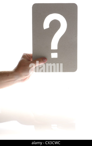 La grande question en suspens par une main sur fond blanc Banque D'Images