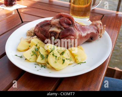 La nourriture allemande typique, le porc,Genou Eisbein ,avec des pommes de terre et salade de chou Banque D'Images
