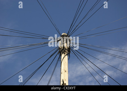 Un vieux poteau télégraphique contre un ciel bleu avec les fils du centre évasés dans toutes les directions Banque D'Images