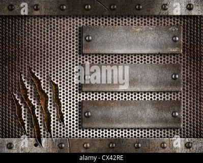 Trois plaques de métal rouillé sur fond de grille perforée ou troués Banque D'Images