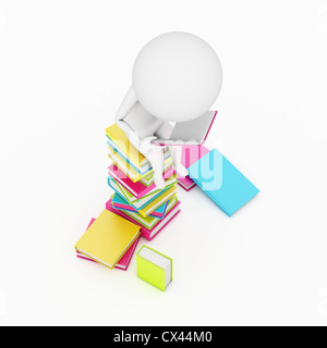Rendu 3D petit mec assis sur une base de livres Banque D'Images