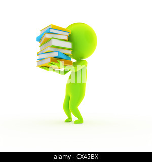 Rendu 3d illustration d'un peu de vert guy et une agrafe de books Banque D'Images