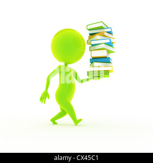 Rendu 3d illustration d'un peu de vert guy et une agrafe de books Banque D'Images