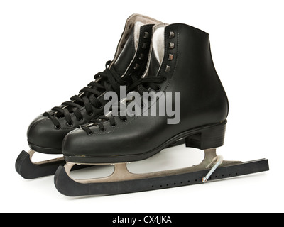 Paire de patins à glace en cuir noir monté par des protecteurs Banque D'Images