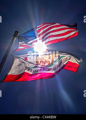 L'État de Californie 'Bear' Drapeau vole avec le drapeau des États-Unis sur un après-midi ensoleillé. Banque D'Images
