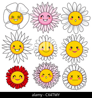 Collection de neuf fleurs mignonnes et drôles de visages avec différentes expressions du visage Banque D'Images