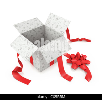 Cadeau ouvert avec star imprime et texturés ruban rouge. Banque D'Images