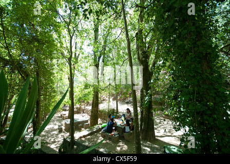 ALGARVE, PORTUGAL. Une famille picknicking en bois dans le village spa de Caldas de Monchique. 2012. Banque D'Images