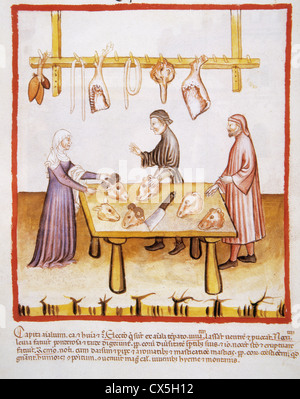 Tacuinum Sanitatis. 14e siècle. Manuel de l'époque médiévale la santé. Boucherie. Miniature. Fol. 76 v. Banque D'Images