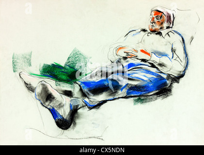 Vieux,pastel ou un dessin original grunge, charbon, dessinés à la main, croquis de travail d'un homme lieing sur canapé.composition libre Banque D'Images