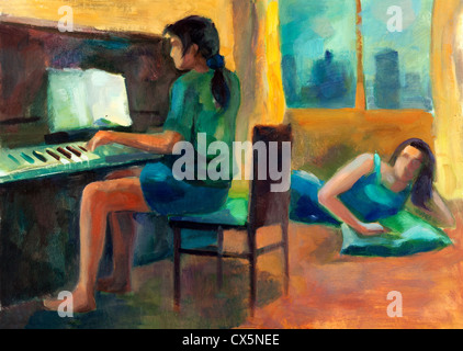 Peinture à l'huile originale sur toile montrant deux femmes.L'un jouer du piano et d'autres l'impressionnisme moderne.L'écoute Banque D'Images