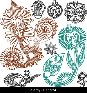 Hand-Drawn Fleurs tatouage au henné et Paisley Doodle Banque D'Images