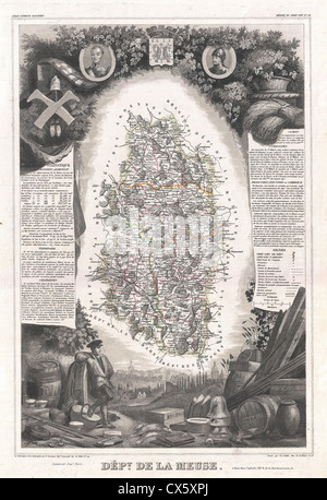 La carte Levasseur de 1852 du département de la Meuse en France, également connue pour son association avec la région du Brie Cheese, illustre la topographie et les établissements de la région au XIXe siècle. Banque D'Images