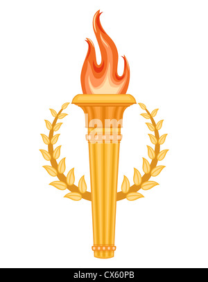 La Flamme Olympique grec avec couronne d'or de lauriers. Symbole des Jeux olympiques. Plus isolé sur fond blanc. Banque D'Images