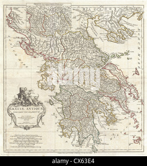 La carte d'Anville de la Grèce antique de 1794 est une représentation historique des territoires, des villes et des régions de la Grèce antique. Cette carte antique est précieuse pour étudier la géographie et les frontières politiques de la Grèce pendant la période antique. Il donne un aperçu de la topographie, des villes et des monuments qui ont façonné la civilisation grecque. Banque D'Images
