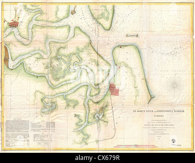 1857 côte des États-Unis Carte d'enquête ou le tableau de Saint Mary's River et Port, Florida - Fernandina Banque D'Images