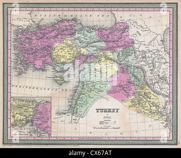 Cette carte Mitchell de 1853 illustre les frontières politiques et géographiques de la Turquie en Asie, en Palestine, en Syrie et en Irak au milieu du XIXe siècle. Il s'agit d'une carte historique importante représentant l'état de la région à cette époque. Banque D'Images