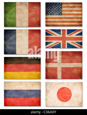 Collection de drapeaux grunge : USA, Grande Bretagne, Italie, France, Danemark, Allemagne, Russie, Japon Banque D'Images