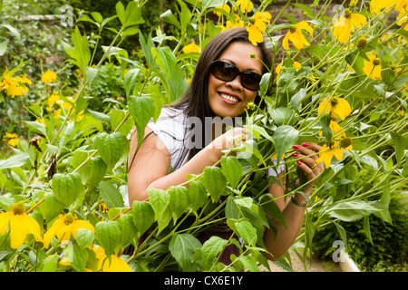 Porter des lunettes de soleil designer filipina souriant, au lit de rudbeckia jaune (coneflowers). Banque D'Images