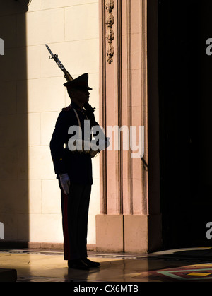 Corps plein vue latérale d'un soldat qui monte la garde au panthéon des capacités à Asunción, Paraguay. Banque D'Images